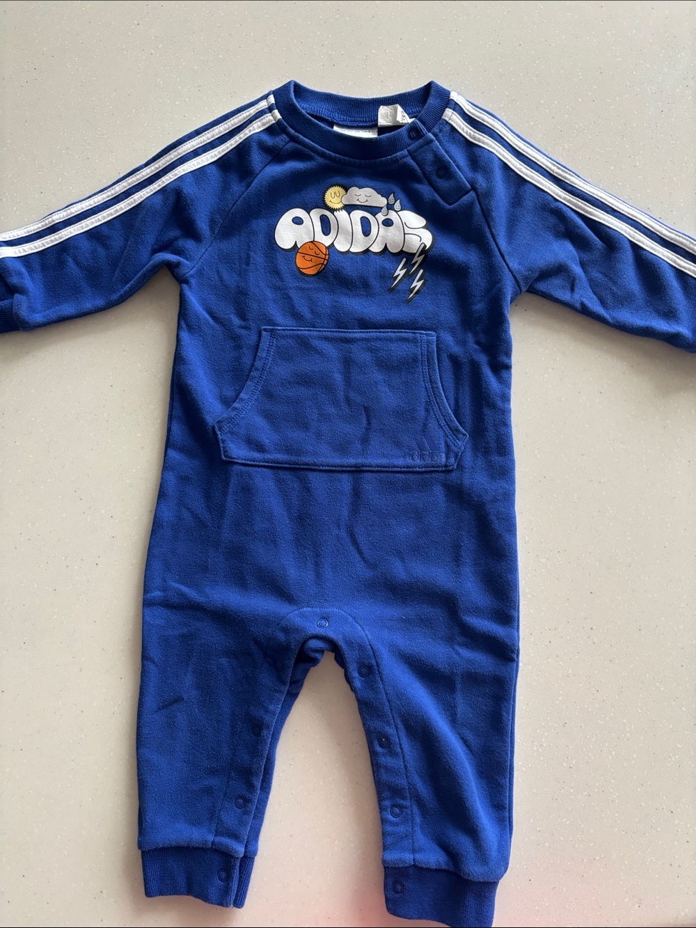 adidas Royal Blue Kids Footed One-Piece with White Stripes